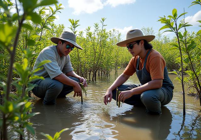 Scientists monitoring a young mangrove forest in Southeast Asia